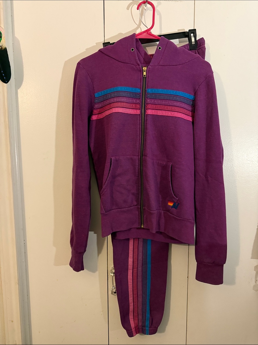 Aviator Nation Purple Zip Hoodie & Joggers with Pink and Blue Stripes